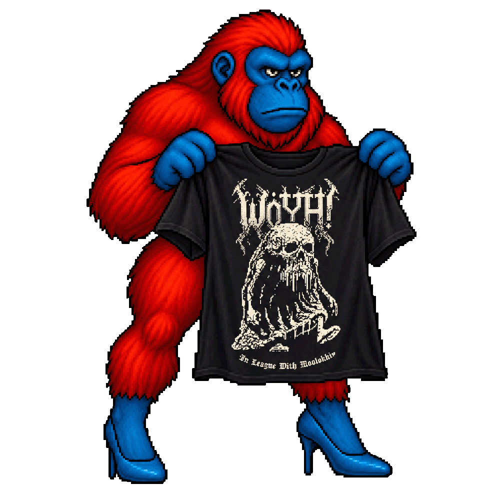 Moolokki holding the WÖYH! t-shirt — In League With Moolokki